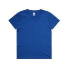 Plain blue short-sleeve t-shirt laid flat on a white background.