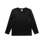 Black long-sleeve crew neck t-shirt laid flat on a white background.