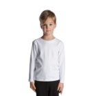 Young boy standing in a plain white long-sleeve shirt and black pants, facing forward.