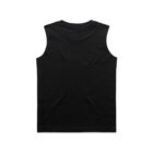 Black sleeveless tank top laid flat, shown from the back against a white background.