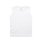 Sleeveless plain white tank top on a white background.