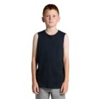 Young boy in a sleeveless black shirt and gray shorts stands against a white background.