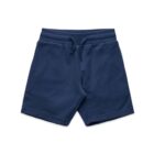 Navy blue drawstring shorts laid flat on a white background.