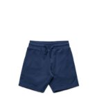 Navy blue drawstring shorts laid flat on a white background.