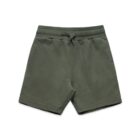 Olive green drawstring shorts with side pockets, laid flat on a white background.
