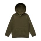 Olive green hooded sweatshirt with a front pocket, laid flat on a white background.
