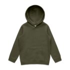 Olive green hooded sweatshirt with front pocket, laid flat on a white background.