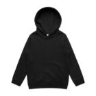 Black hooded sweatshirt with front pocket, laid flat on a white background.