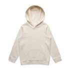 Plain cream-colored hoodie with a front pocket, laid flat on a white background.