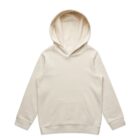 A plain beige hoodie with a front pocket and hood, displayed on a white background.