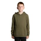 A boy in an olive green hoodie stands facing forward against a plain white background.