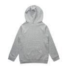Back view of a plain gray hooded sweatshirt with long sleeves.