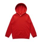 Red hooded sweatshirt with a front pocket, laid flat on a white background.