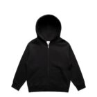 Black zip-up hoodie with front pockets and a hood, laid flat on a white background.