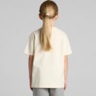 Child with long blonde ponytail wearing a cream t-shirt and gray shorts, facing away.