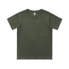 Plain olive green short-sleeve T-shirt displayed on a white background.