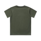 Back view of a plain, short-sleeved, olive green t-shirt on a white background.