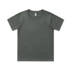 Plain dark gray short-sleeve t-shirt laid flat on a white background.
