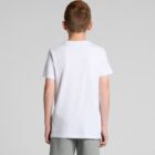 Boy with short hair wearing a white t-shirt and gray shorts, facing away from the camera.