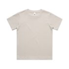 Plain beige short-sleeve t-shirt laid flat on a white background.