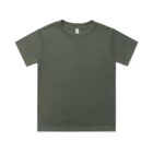 Plain olive green short-sleeve t-shirt laid flat on a white background.