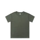 Plain olive green short-sleeve t-shirt laid flat on a white background.