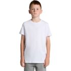 Boy in a plain white t-shirt and gray shorts standing against a white background.