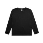 Plain black long-sleeve t-shirt laid flat on a white background.