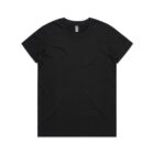 Plain black short-sleeve t-shirt laid flat on a white background.