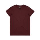 Plain maroon short-sleeve t-shirt laid flat on a white background.