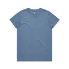Plain blue short-sleeve t-shirt laid flat on a white background.