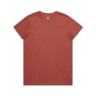 Plain rust-colored short-sleeve t-shirt laid flat on a white background.