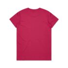 Plain pink short-sleeve t-shirt displayed flat with the back side facing up.