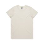 Plain, short-sleeved, off-white T-shirt laid flat on a white background.