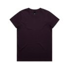 Plain dark purple short-sleeve t-shirt laid flat on a white background.