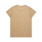 Plain beige t-shirt laid flat, viewed from the back.