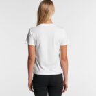 Person with long blonde hair wearing a white t-shirt and black pants, seen from the back.