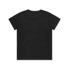 Plain black short-sleeve t-shirt shown laid flat with the back side facing up.