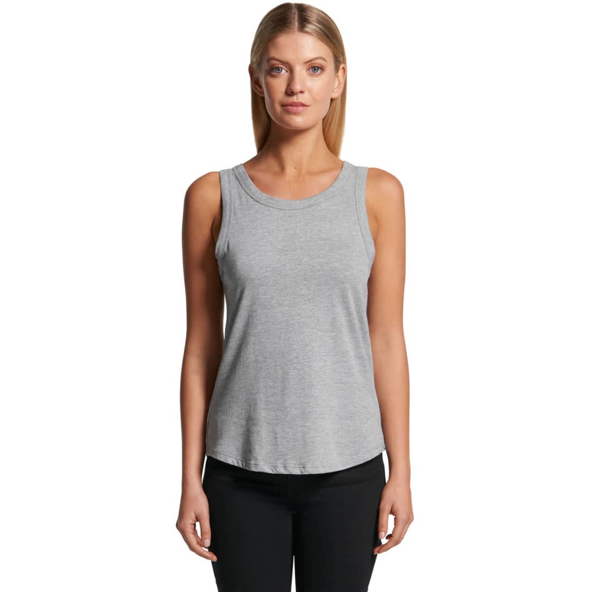 Woman wearing a gray sleeveless tank top and black pants, standing facing forward.