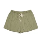 Light olive green shorts with a drawstring waistband, laid flat on a white background.