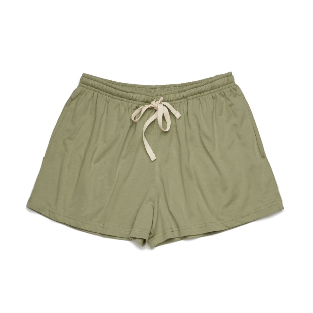 Light olive green shorts with a drawstring waistband, laid flat on a white background.