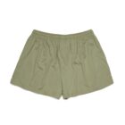 Light olive green shorts with an elastic waistband, laid flat on a white background.