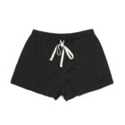 Black shorts with a white drawstring, laid flat on a white background.