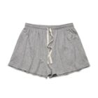 Gray athletic shorts with a white drawstring, laid flat on a white background.