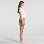 Woman standing in profile, wearing a white t-shirt, green shorts, and white sneakers.