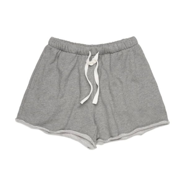 Gray athletic shorts with a white drawstring, laid flat on a white background.