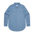 Light blue denim long-sleeve button-up shirt laid flat on a white background.