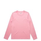 Long-sleeved, solid pink t-shirt laid flat on a white background.
