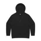 Plain black hooded sweatshirt with a front pocket, laid flat on a white background.