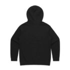 Back view of a plain black hooded sweatshirt with long sleeves.